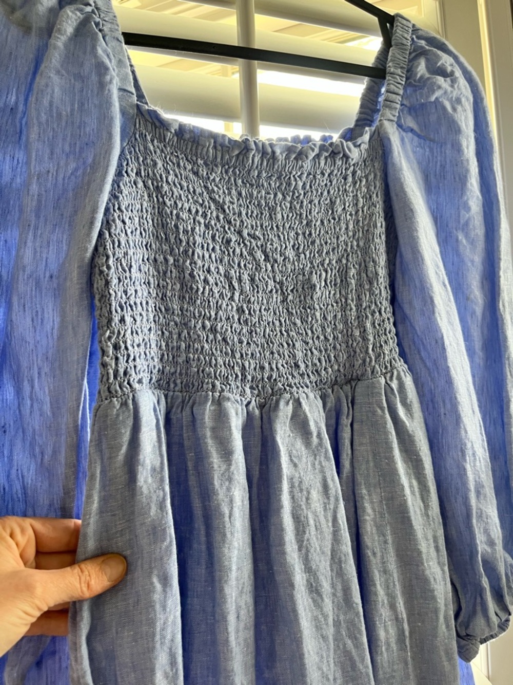 J. Crew Light Blue Smocked Midi Dress with Slit (off or on shoulder)